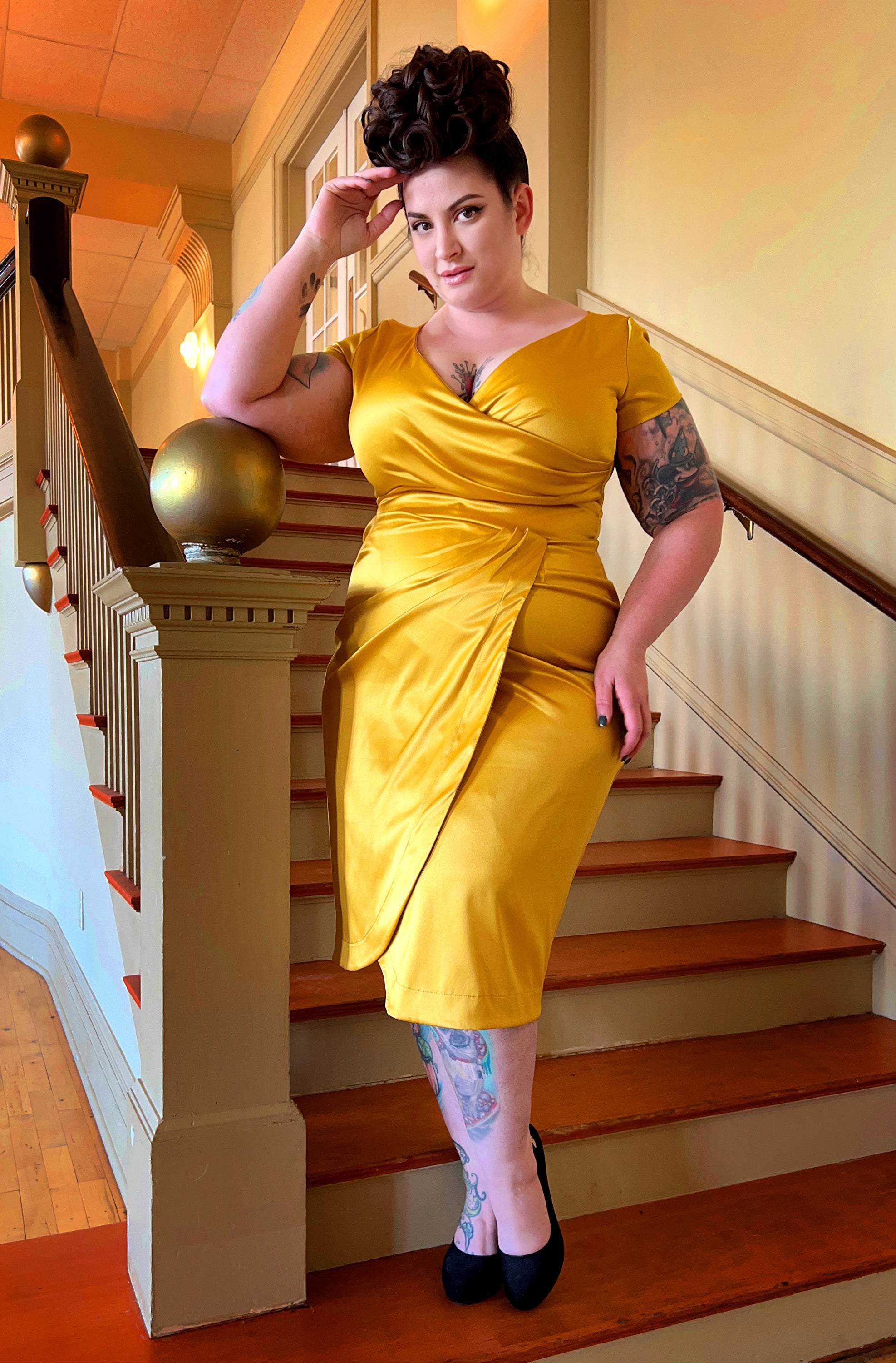 Ava Faux Wrap Wiggle Dress in Golden Mustard Satin | Pinup Couture