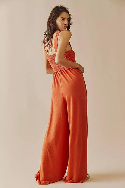 Zola Smocked Wide Strap Palazzo Jumpsuit | Mustard or Coral | Poundton