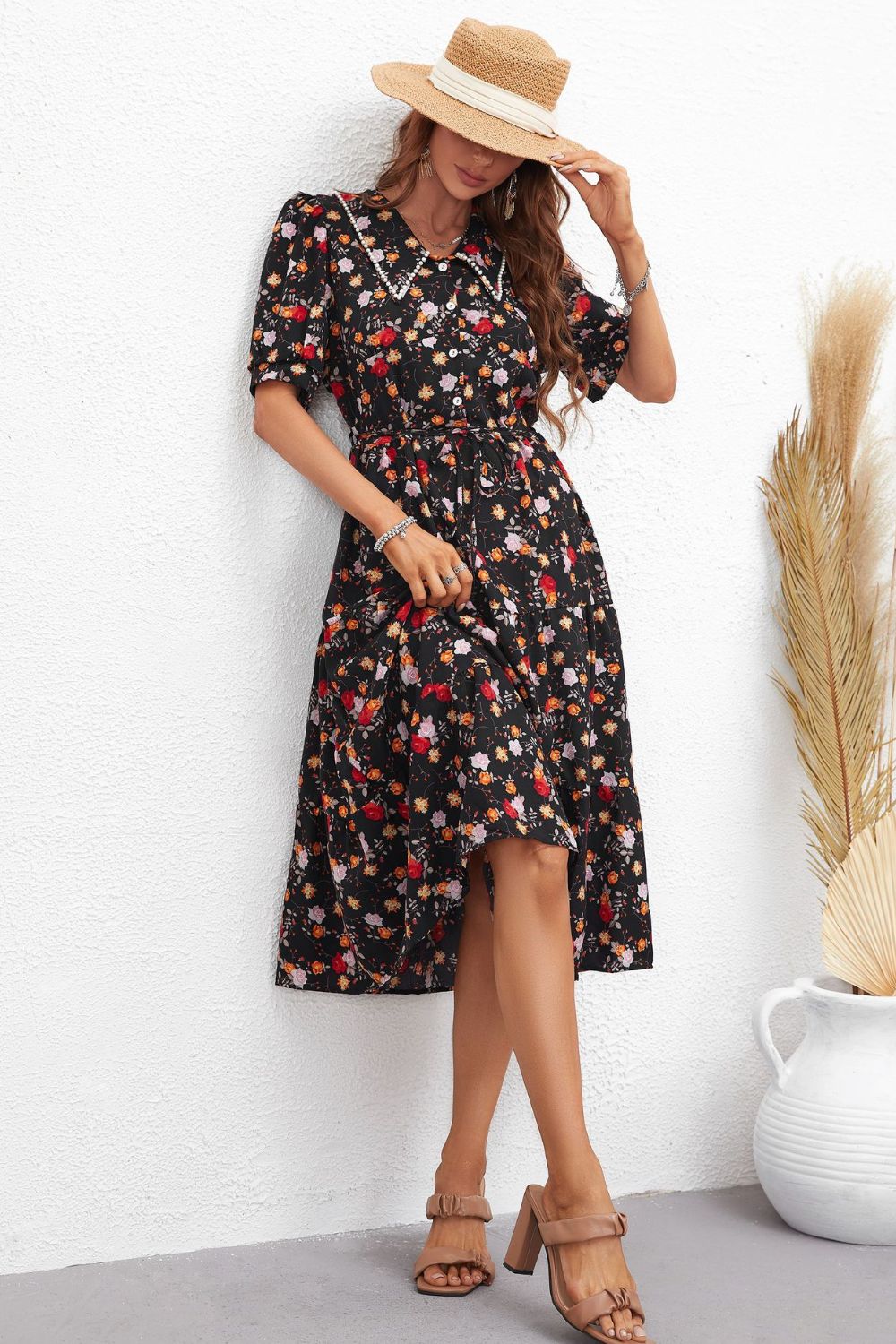 Hansel Floral Collared Neck Dress with  Puff Sleeve