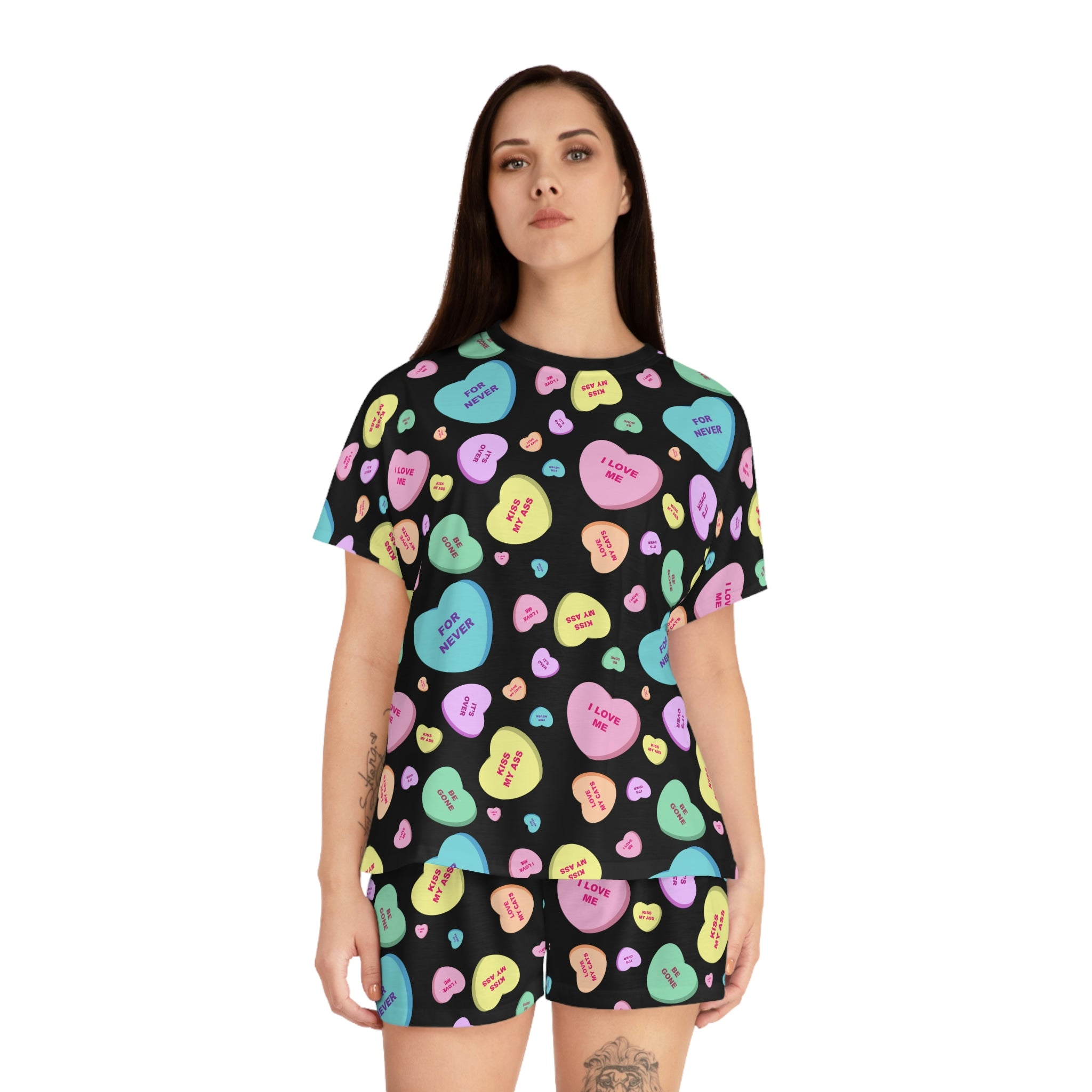 TGIF Sleepover PJs in Black Bitter Candy Hearts Tee & Pajama Shorts-Set