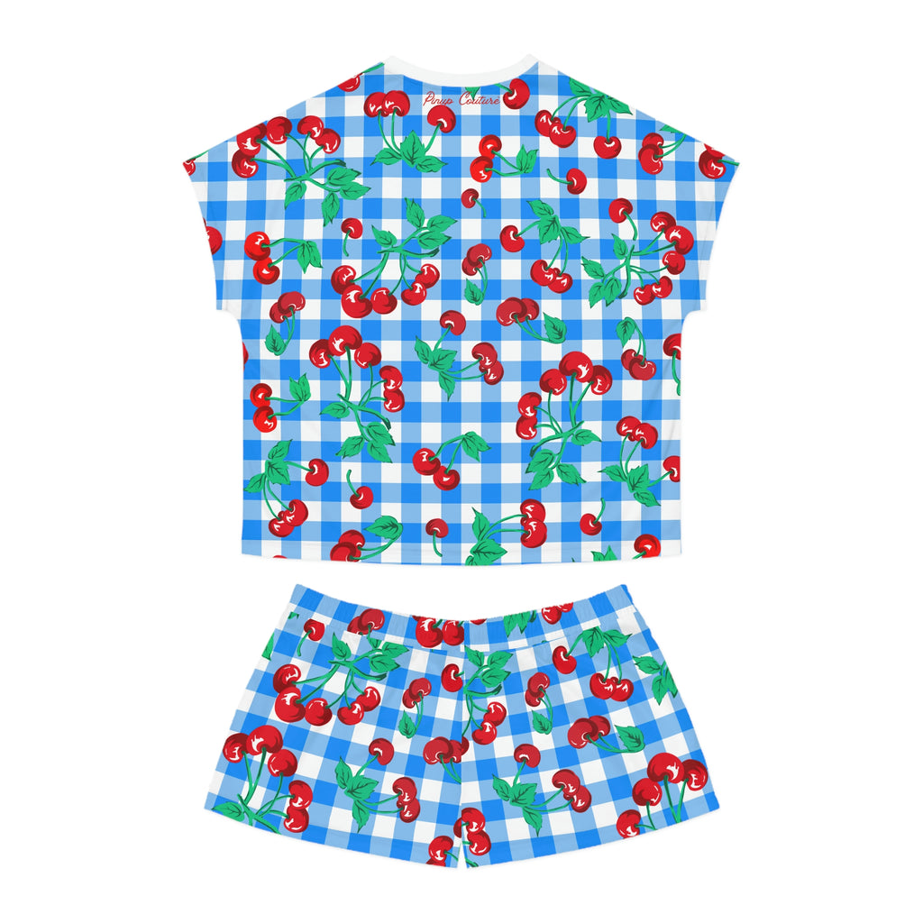 TGIF Sleepover PJs in Blue & White Gingham Cherry Girl Tee & Pajama Shorts-Set