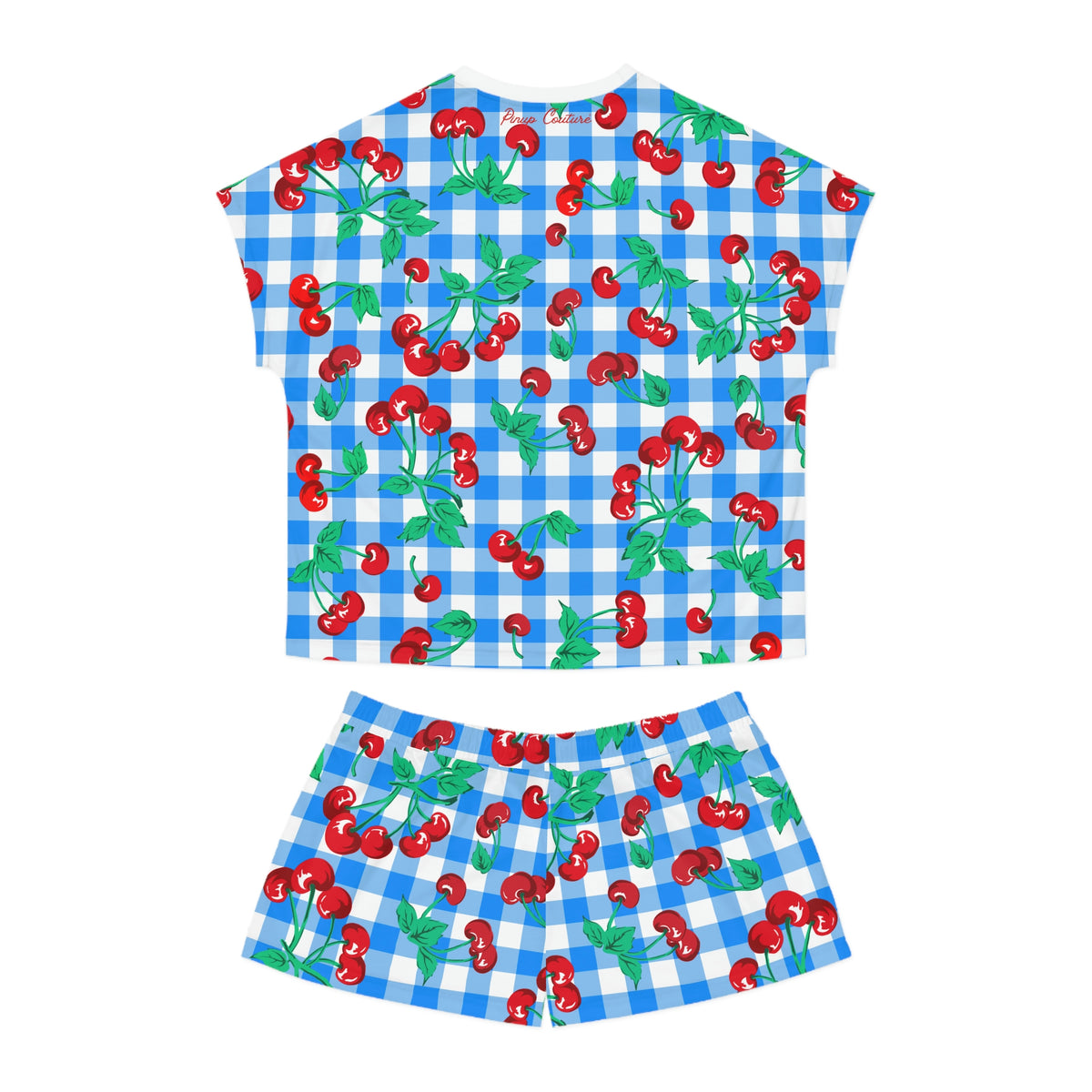 TGIF Sleepover PJs in Blue & White Gingham Cherry Girl Tee & Pajama Shorts-Set