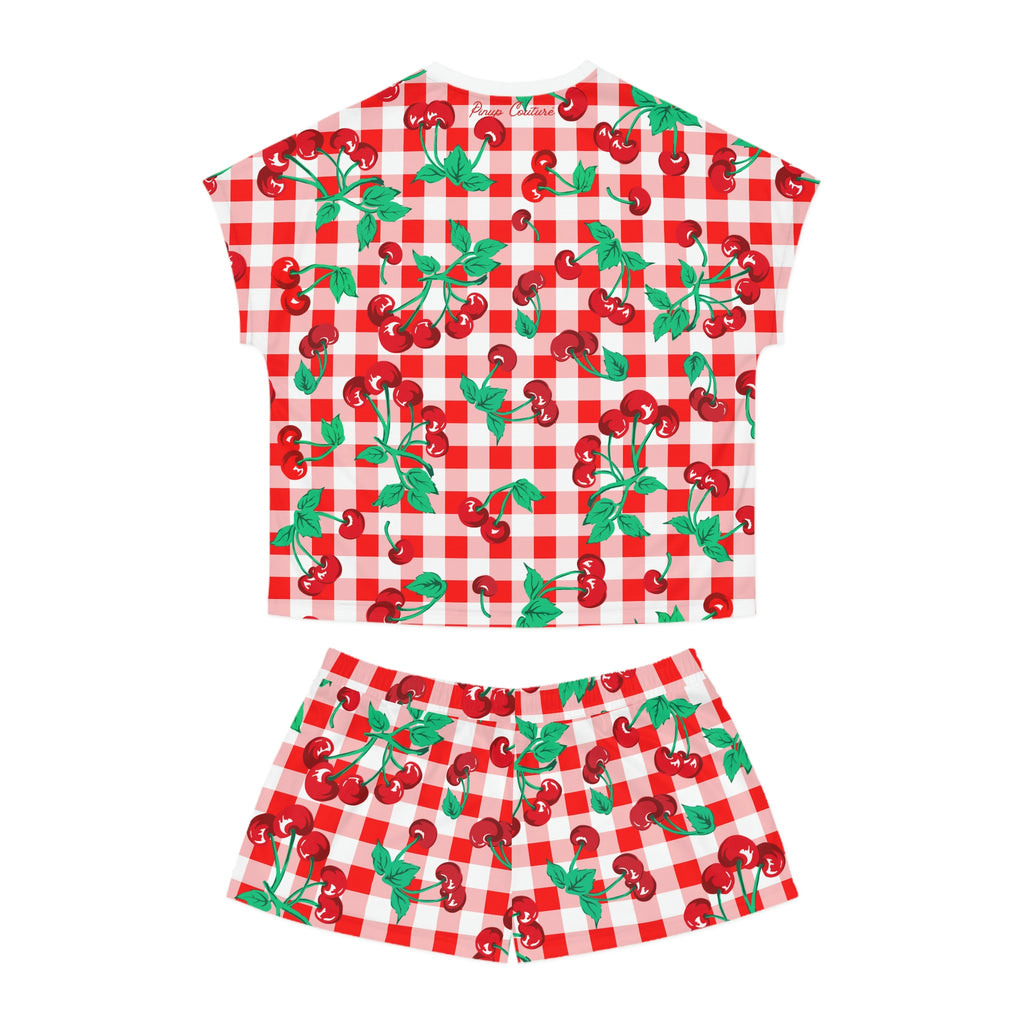 TGIF Sleepover PJs in Red & White Gingham Cherry Girl Tee & Pajama Shorts-Set
