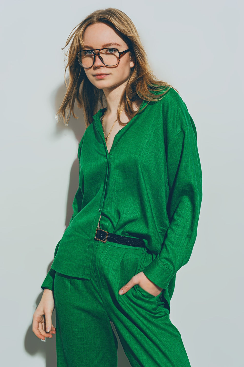Loose Fit Button Down Shirt in Kelly Green Cotton