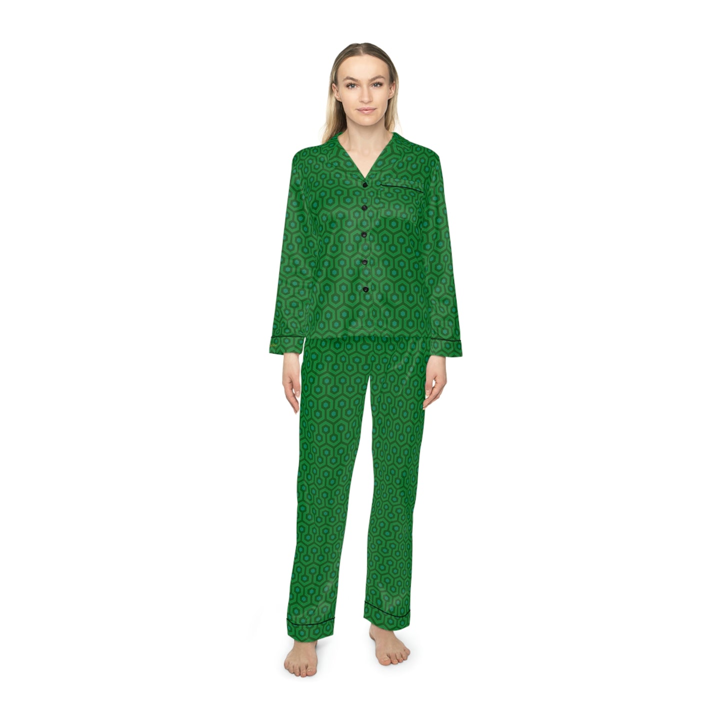 Pajama Game in Green Hotel Hexagon Satin 2 Piece Button Up PJ Set | Pinup Couture Relaxed
