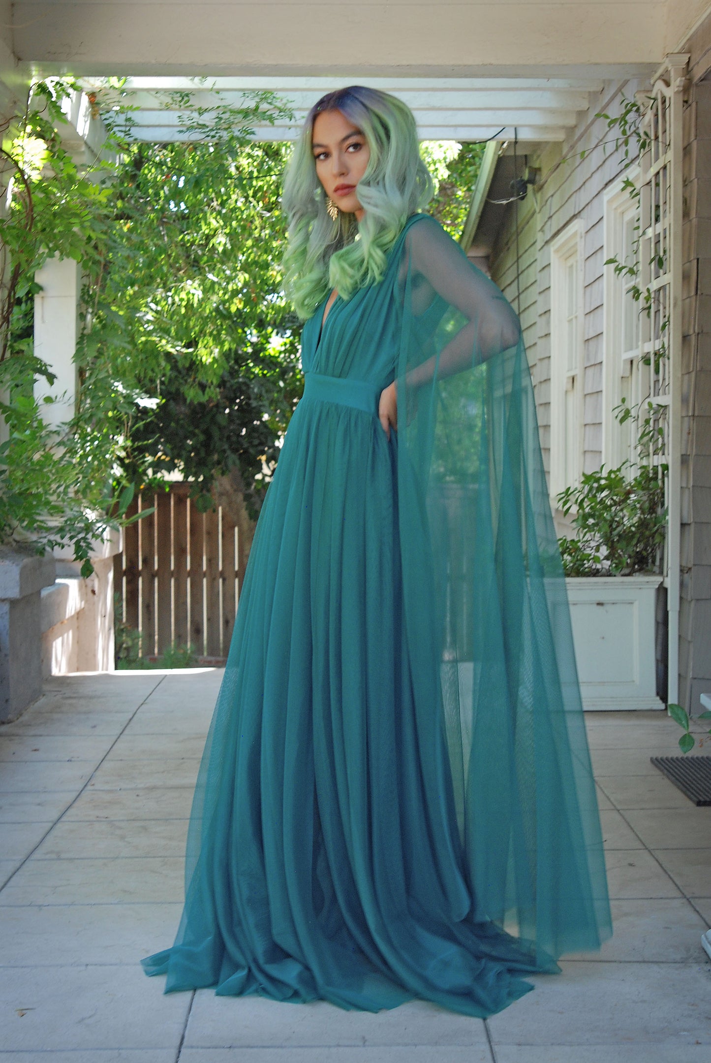 Gothic Glamour - Bombshell Plunge Maxi Gown in Peacock Green with Sheer Mesh Sleeves