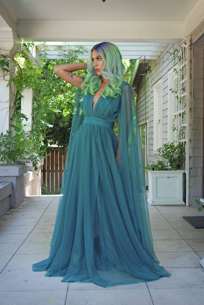 Gothic Glamour - Bombshell Plunge Maxi Gown in Peacock Green with Sheer Mesh Sleeves