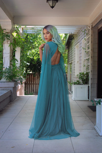 Gothic Glamour - Bombshell Plunge Maxi Gown in Peacock Green with Sheer Mesh Sleeves