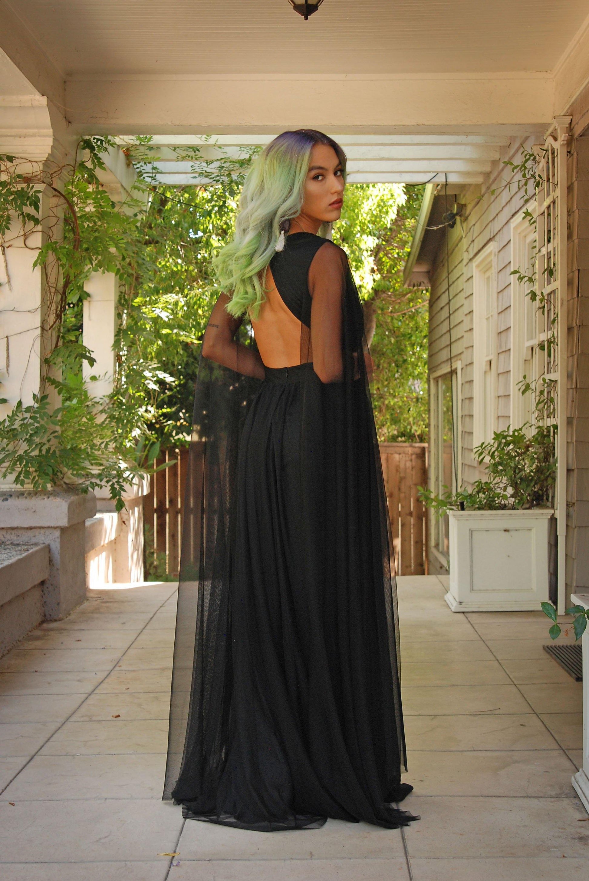 Coming Soon - Gothic Glamour Bombshell Gown in Black with Floor Length Sheer Cape Sleeves - pinupgirlclothing.com