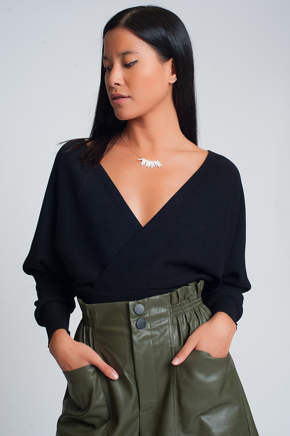 Dolman Knit Sweater With Wrapped V-Neck and Tie Back in Solid Black | Q2