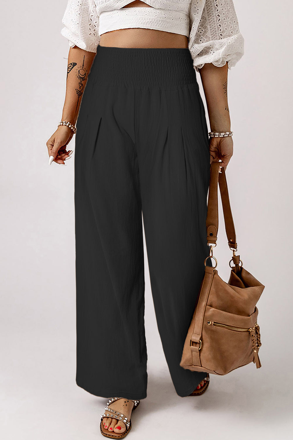 Lecce Wide Leg Pleated Trouser Pants in Tan, White, or Black