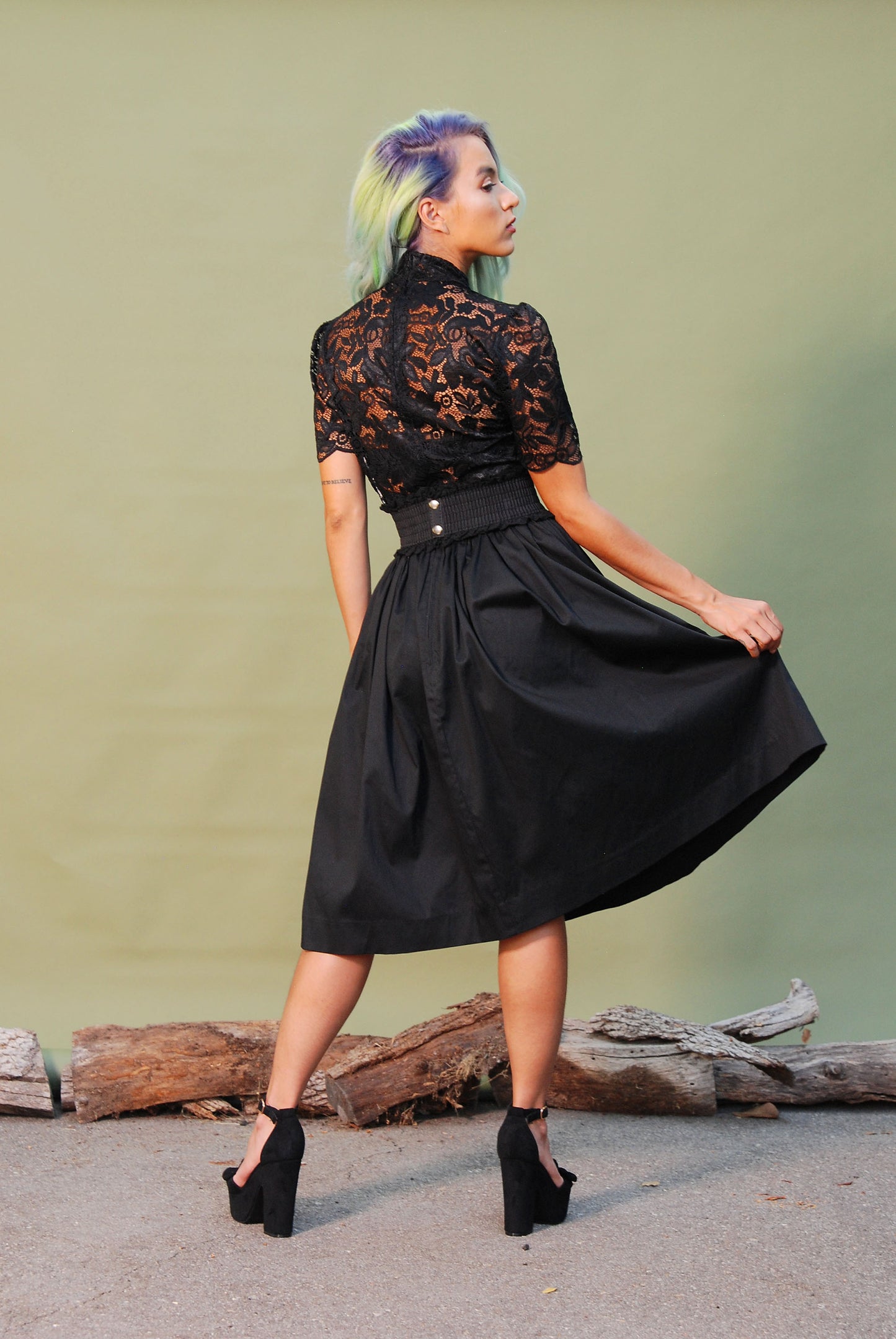 OYS - XS - S - XL - Final Sale - Petite Bella Vintage Gathered Swing Skirt in Solid Black Sateen | Pinup Couture