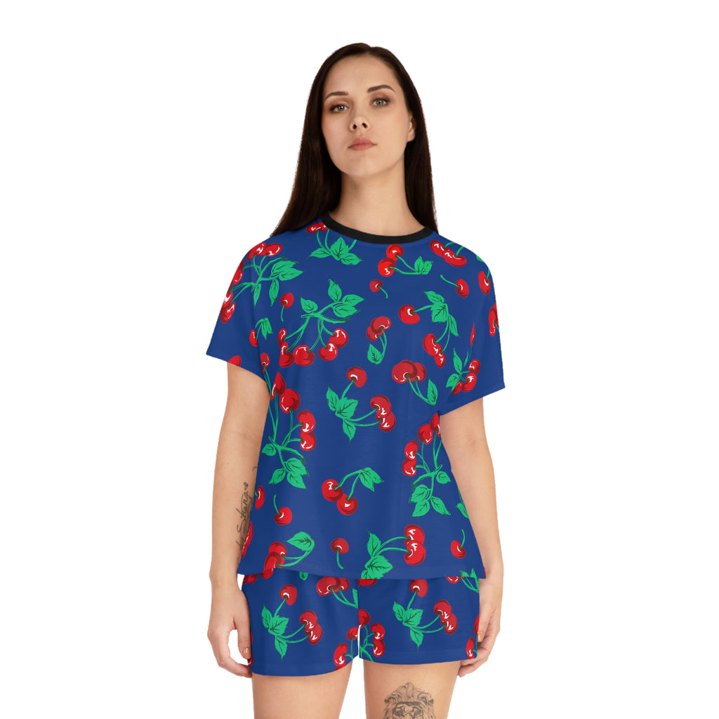 TGIF Sleepover PJs in Dark Blue Cherry Girl Tee & Pajama Shorts-Set