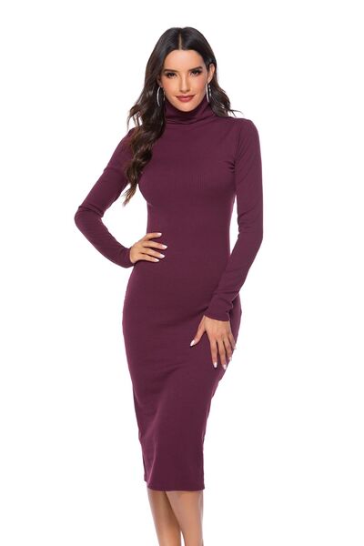 Ivana 60's Ribbed Turtleneck Long Sleeve Wiggle Dress, 4 Colors