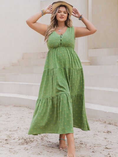 Gloria Plus Size V-Neck Sleeveless Tiered Dress in light Gum Leaf | Poundton