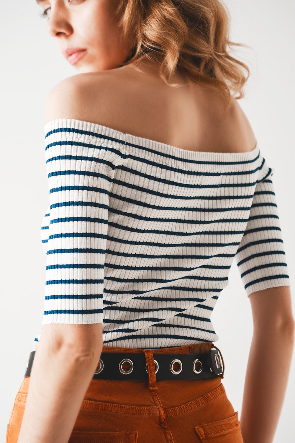 Bardot 60's Vintage Off-Shoulder Knit Top in Navy & White Stripe
