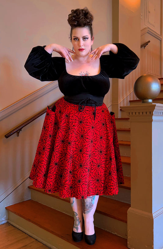 Final Sale - Vintage Inspired Corset Skirt in Red & Black Flocked Spiderweb Print | Laura Byrnes