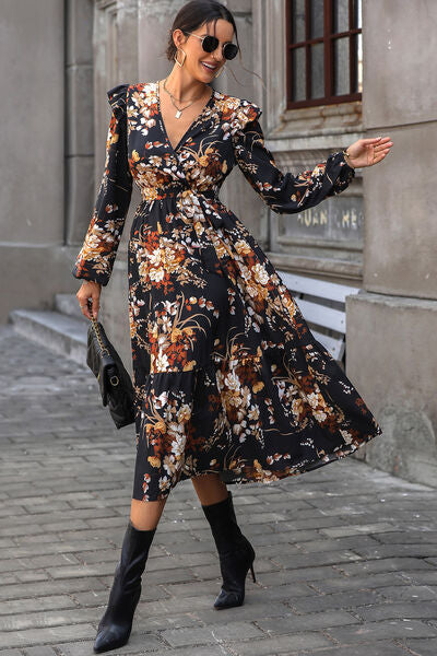 Valentina Front Ruffle Hem Midi 70s Floral Shirt Dress on Black Ground –