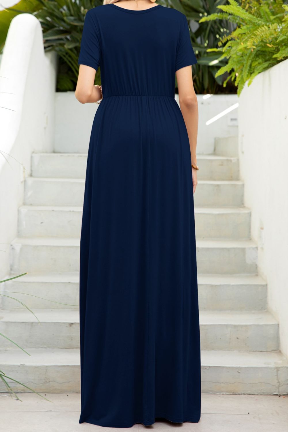 Elegance Round Neck Maxi Tee Dress with Pockets in Forest, Navy, Wine and Black