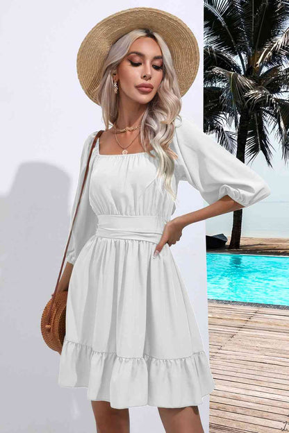 Sofia Square Neck Tie Back Ruffle Hem Mini Peasant Dress