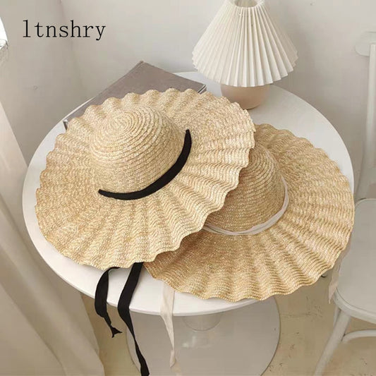 Whirl Wide Vintage Ribbon Ruffle Brim Straw Sun Hat