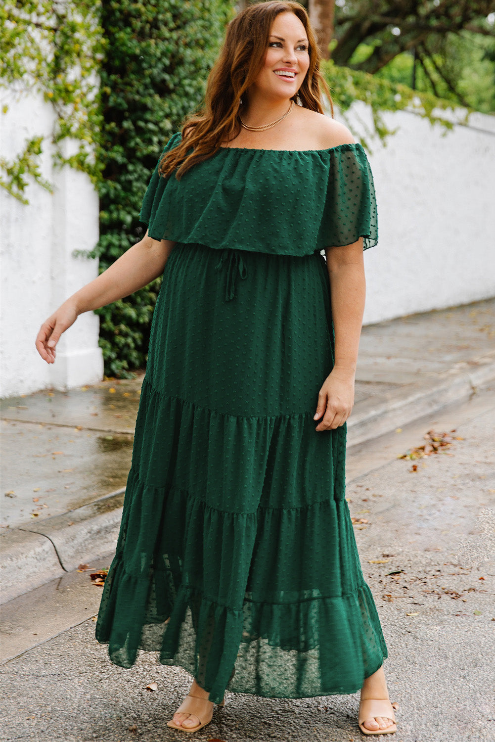 Swiss Dot Off-Shoulder Tiered Maxi Dress in Green and White - Plus Only