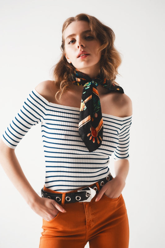 Bardot 60's Vintage Off-Shoulder Knit Top in Navy & White Stripe  | Q2