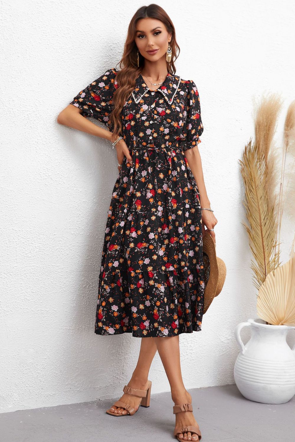 Hansel Floral Collared Neck Dress with  Puff Sleeve