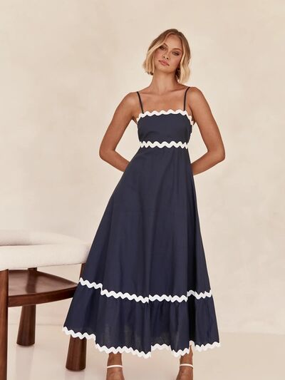 Amalfi Spaghetti Strap A-Line Maxi Dress with Contrast RicRac Trim | 4 Colors | Poundton