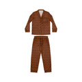 A two-piece pajama set with a button-up shirt and matching pants, featuring an all-over geometric hexagon print in shades of orange and brown.