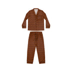 A two-piece pajama set with a button-up shirt and matching pants, featuring an all-over geometric hexagon print in shades of orange and brown.
