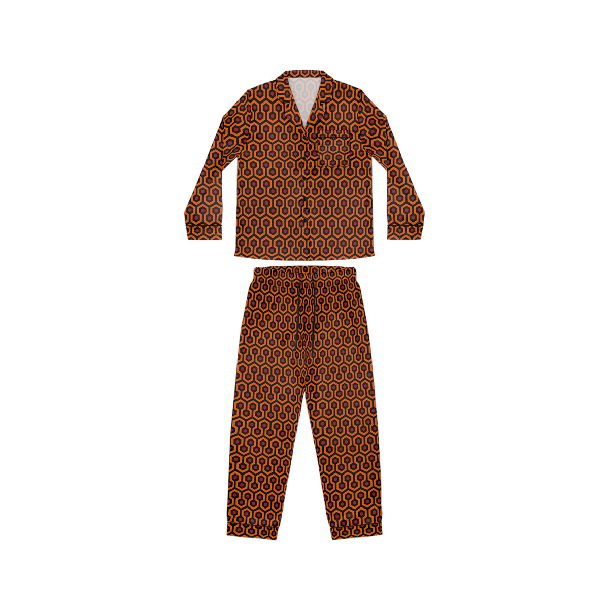 A two-piece pajama set with a button-up shirt and matching pants, featuring an all-over geometric hexagon print in shades of orange and brown.