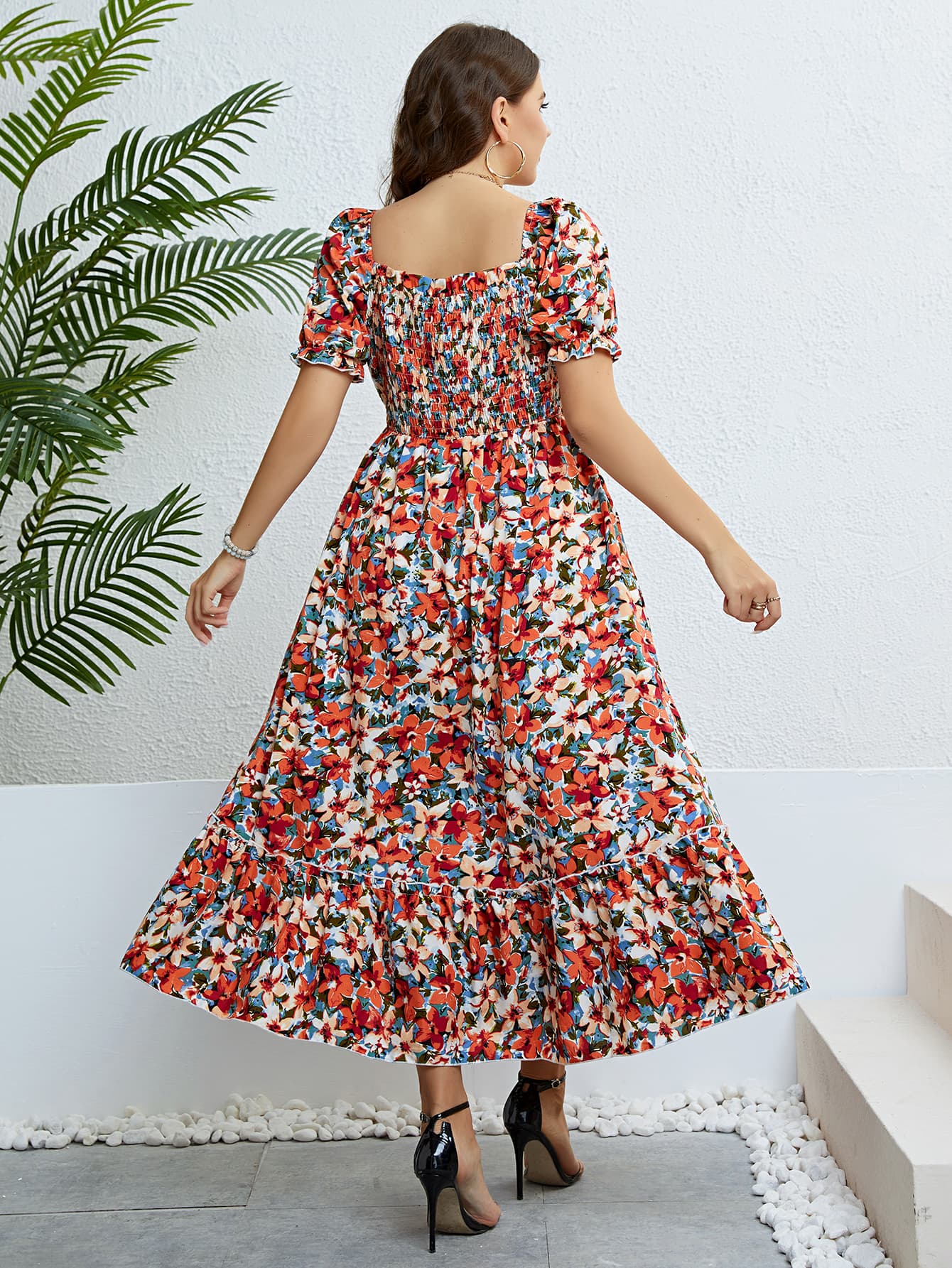 Athena 60's Floral Print Smocked Square Neck Midi Dress | Plus Size