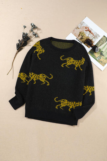 Gold Leopard Round Neck Sweater in Black