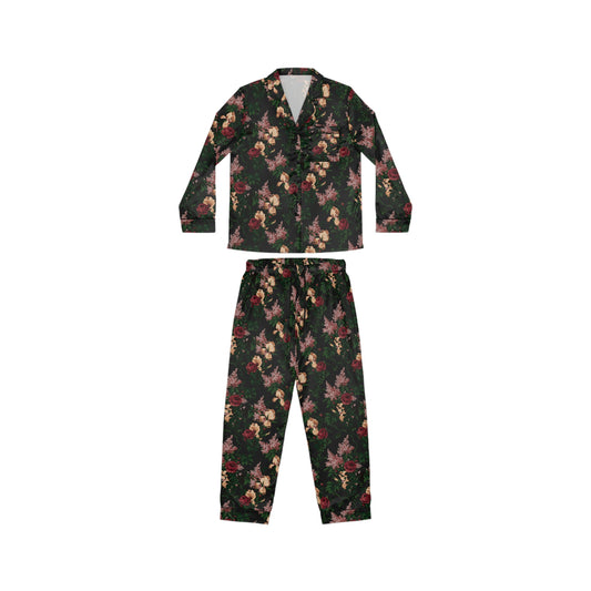 Pajama Game in Dark Bella Roses Satin 2 Piece Button Up PJ Set | Pinup Couture Relaxed