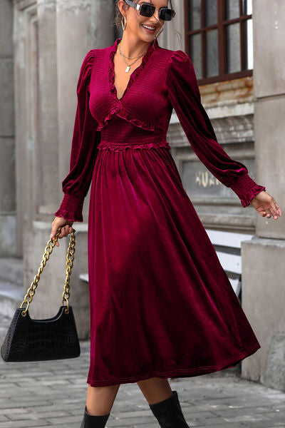 Blair Smocked Lantern Sleeve Midi Dress in Deep Rose