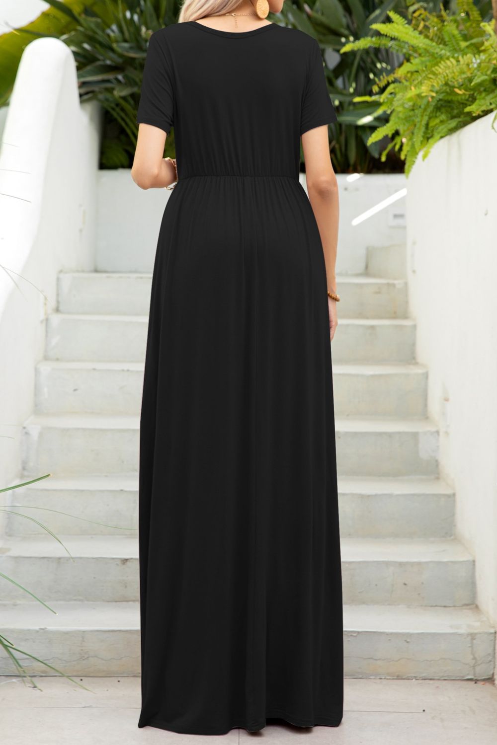 Elegance Round Neck Maxi Tee Dress with Pockets in Forest, Navy, Wine and Black