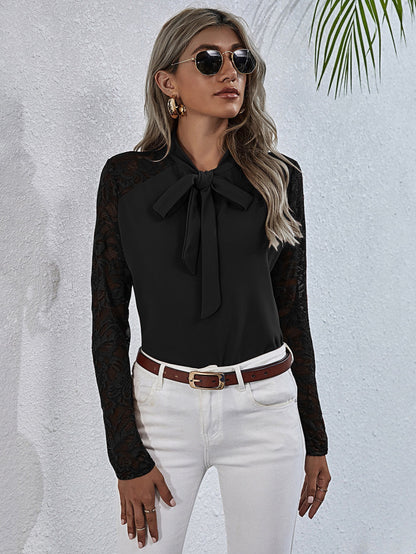 Bow Down Tie Neck Lace Sleeve Top in Black or Mauve