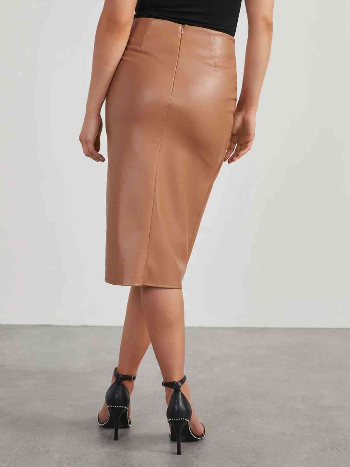 Sandra Twist Detail Faux Stretch Leather High Waist Skirt | 2 Colors | Poundton