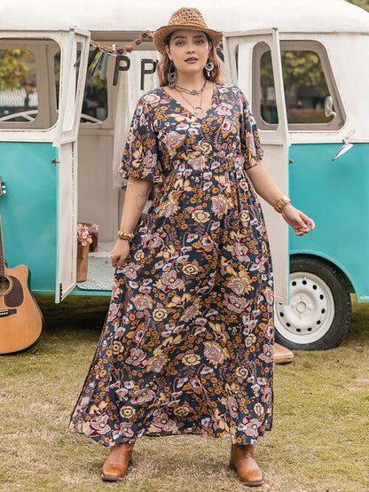 Janis Floral V-Neck Short Sleeve Slit Plus Size Dress | 2 Colors | Poundton