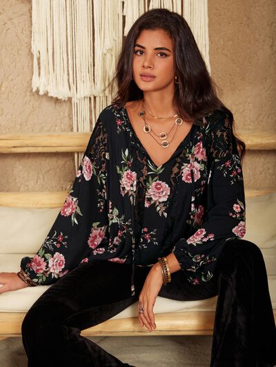 Eloise Flower Printed Tie Neck Long Sleeve Blouse in Attractive Black