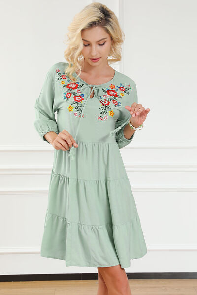 Bonnie Embroidered Tie Neck Dropped Shoulder Mini Dress in Light Green