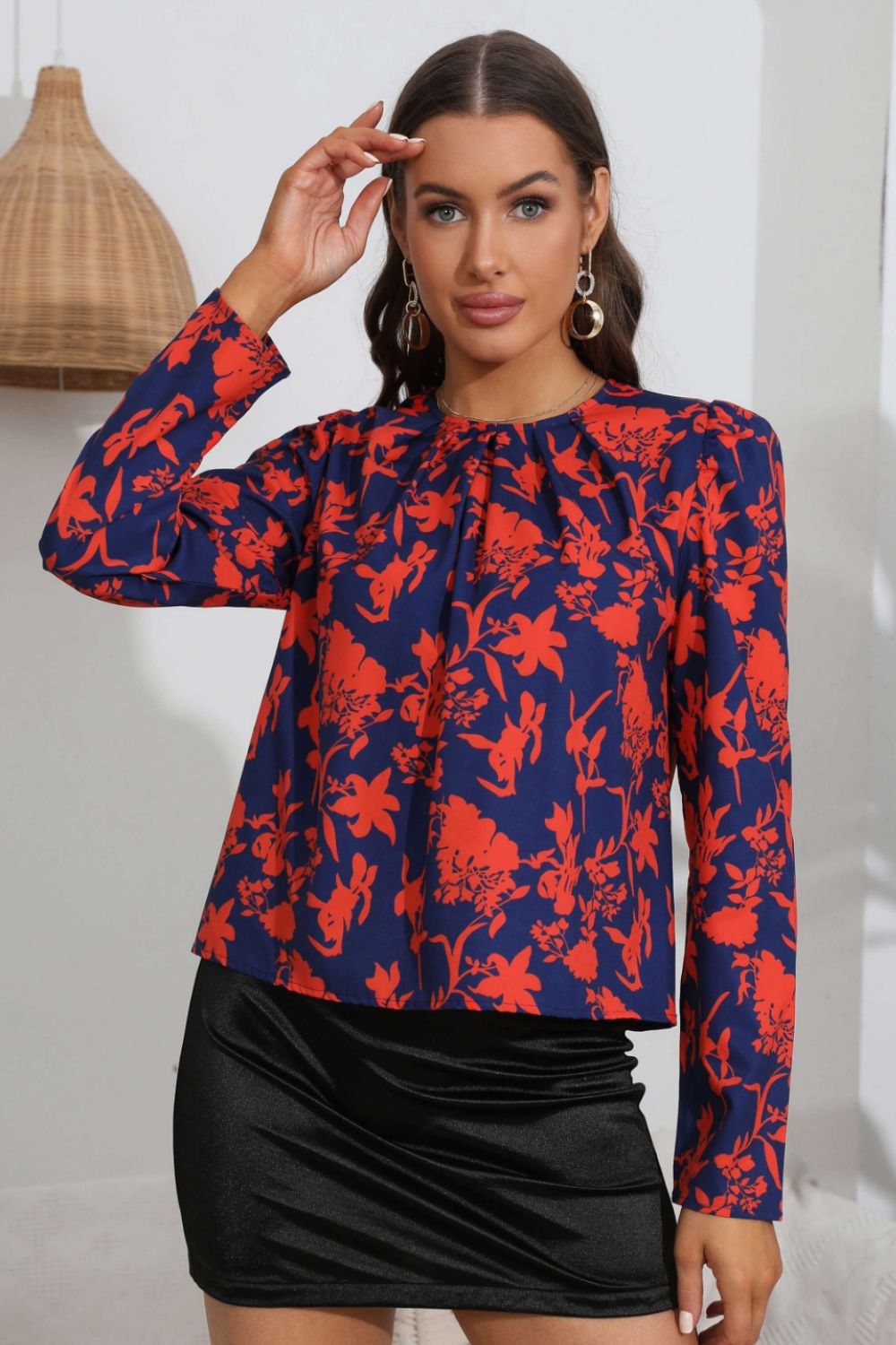 Von Fleur Floral 80's Graphic Red & Navy Floral Long Sleeve Blouse