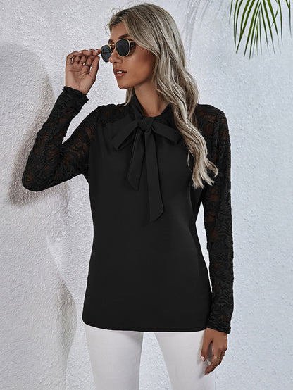 Bow Down Tie Neck Lace Sleeve Top in Black or Mauve