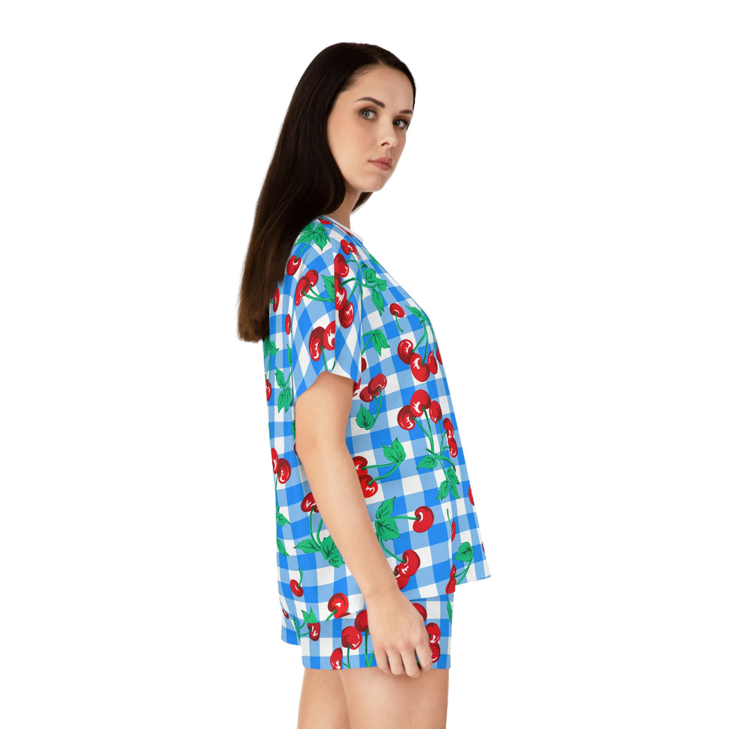 TGIF Sleepover PJs in Blue & White Gingham Cherry Girl Tee & Pajama Shorts-Set