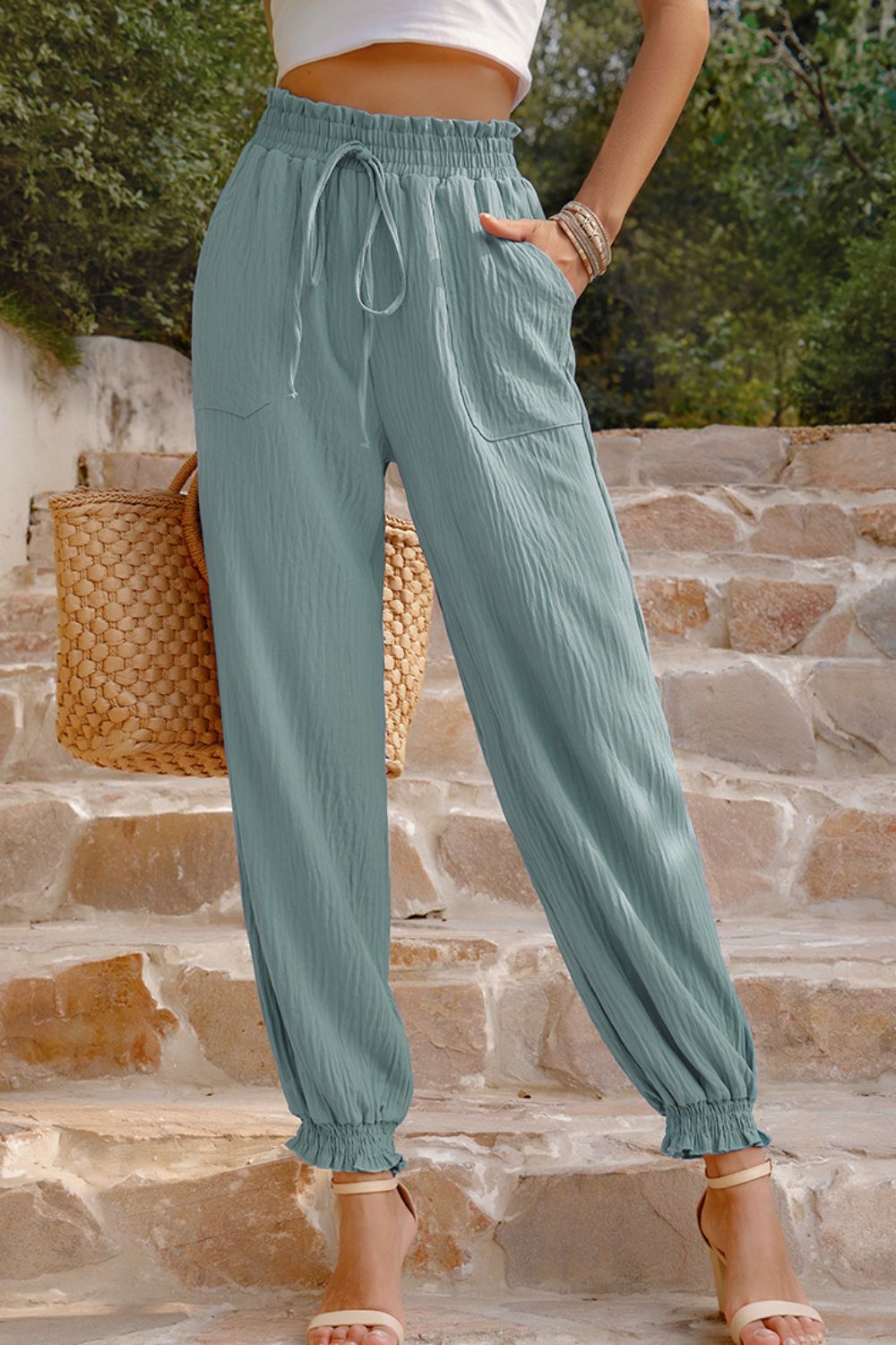 Textured Smocked Pants with Patch Pockets in Sage, Hunter Green, Ivory, and Blue