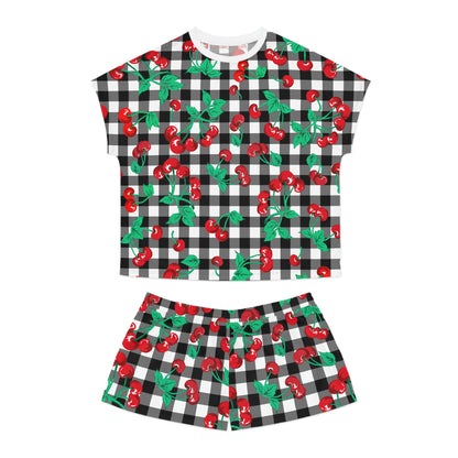 TGIF Sleepover PJs in Black & White Gingham Cherry Girl Tee & Pajama Shorts-Set | Pinup Couture Relaxed