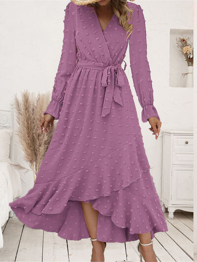 Lilia Swiss Dot Tie Waist Flounce Sleeve Maxi Dress in Lilac Orchid