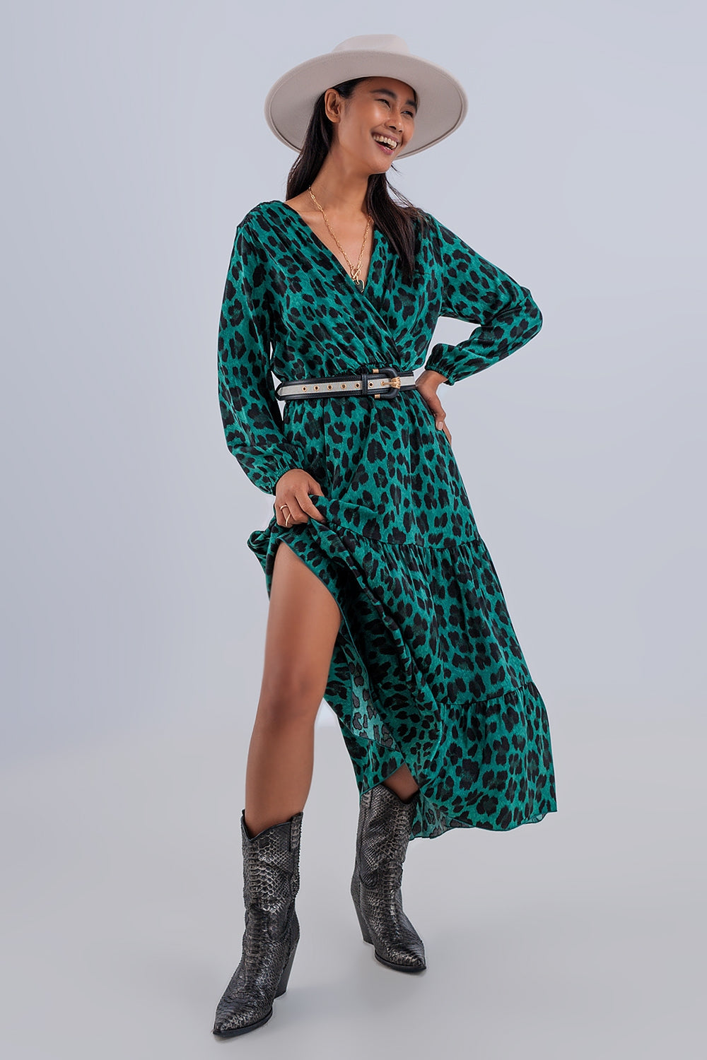 Gathered V-Neck Tiered Maxi Dress in Green Leopard Print | Q2