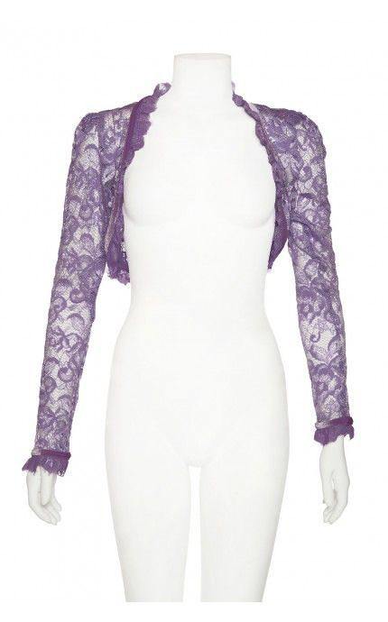 Pictured is the Pinup Girl Clothing Gothic Glamour stretch lace bolero in purple with all-lace body fringe and three-dimensional eyelash lace at the neckline and cuffs, high neckline, and black stretch velvet trim.